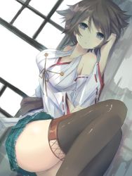 Rule 34 | 10s, 1girl, blue eyes, boots, breasts, brown hair, hiei (kancolle), highres, japanese clothes, kantai collection, large breasts, looking at viewer, lying, miniskirt, nao (qqqbb), nontraditional miko, short hair, skirt, thigh boots, thighhighs, zettai ryouiki