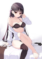 Rule 34 | 1girl, absurdres, arm at side, arm support, bare shoulders, barefoot, bed sheet, black bra, black hair, black thighhighs, blush, bra, braid, breasts, cafe stella to shinigami no chou, cleavage, collarbone, commentary, convenient leg, earrings, eyelashes, floral print, flower, foot out of frame, grey background, hair between eyes, hair flower, hair ornament, hair ribbon, hairclip, haku89, hand up, highres, jewelry, knee up, long hair, long sleeves, looking at viewer, medium breasts, midriff, mole, mole under eye, on bed, open clothes, open shirt, parted lips, pink ribbon, ribbon, rose, rose print, shiki natsume, shirt, side braid, simple background, single thighhigh, sitting, skirt, solo, straight hair, strap slip, stud earrings, suspender skirt, suspenders, thighhighs, thighs, toes, tsurime, underwear, unfinished, unworn skirt, very long hair, white flower, white rose, white shirt, yellow eyes