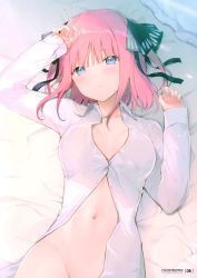 Rule 34 | 1girl, 6u (eternal land), absurdres, arm up, bed sheet, blue eyes, blush, breasts, cleavage, closed mouth, collarbone, collared shirt, dress shirt, go-toubun no hanayome, groin, hair ornament, hand up, highres, large breasts, long sleeves, looking at viewer, lying, nail polish, nakano nino, naked shirt, navel, no panties, on back, partially unbuttoned, pink hair, scan, shirt, short hair, solo, third-party edit, twitter username, two side up, white shirt