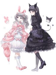 Rule 34 | 1girl, 1other, black dress, black hair, blush, cosplay, demon tail, dress, fear &amp; hunger, grey eyes, grey hair, highres, holding, holding umbrella, kuromi, kuromi (cosplay), lilio, long hair, looking to the side, marina (fear &amp; hunger), my melody, my melody (cosplay), onegai my melody, pink dress, pink umbrella, samarie (fear &amp; hunger), sanrio, short twintails, sweat, tail, trap, twintails, umbrella, white background