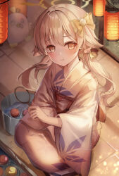 Rule 34 | 1girl, :t, alternate costume, blonde hair, blue archive, blush, commentary request, doka l, festival, floral print kimono, hair between eyes, hair flaps, hair intakes, halo, hifumi (blue archive), highres, japanese clothes, kimono, lantern, long hair, looking at viewer, low twintails, obi, paper lantern, pout, sash, squatting, twintails, white kimono, wing hair ornament, winged halo, yellow eyes, yellow halo