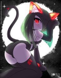 Rule 34 | 1girl, all fours, animal ear fluff, animal ears, animal hands, arm up, artist name, ass, black gloves, black leotard, black thighhighs, breasts, cat ears, cat tail, creatures (company), elbow gloves, from behind, game freak, gen 3 pokemon, gloves, green hair, hair over one eye, kirlia, leotard, long hair, looking back, nintendo, no humans, pale skin, paw gloves, paw pose, pokemon, pokemon (creature), red eyes, rilex lenov, small breasts, smile, solo, tail, thighhighs, thighs