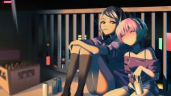 Rule 34 | 2girls, balcony, beer can, blush, box, can, cigarette, city lights, cityscape, closed eyes, commentary, dorothy haze, drink can, english commentary, highres, jill stingray, multiple girls, night, pink hair, purple hair, red eyes, smile, smoking, socks, steve chopz, va-11 hall-a
