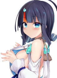 Rule 34 | 1girl, ahoge, back, bare shoulders, black hair, blue eyes, blue ribbon, blush, breasts, dress, fate/grand order, fate/requiem, fate (series), highres, jewelry, large breasts, long sleeves, looking at viewer, magatama, magatama hair ornament, magatama necklace, medium hair, multicolored hair, necklace, pink hair, puffy long sleeves, puffy sleeves, ribbon, sen (astronomy), short dress, sideboob, sideless outfit, solo, streaked hair, utsumi erice, white dress