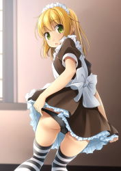 Rule 34 | 1girl, :o, apron, ass, black panties, blonde hair, blurry, blurry background, blush, bow, brown dress, commentary request, depth of field, dress, fang, frilled apron, frilled dress, frills, green eyes, hair between eyes, highres, kneeling, long hair, looking at viewer, looking back, maid, maid apron, maid headdress, open mouth, original, panties, panty pull, pulling own clothes, shibacha, solo, striped clothes, striped thighhighs, thighhighs, underwear, white apron, white bow