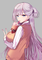 Rule 34 | 1girl, alternate costume, azur lane, blue eyes, bubble tea, cup, drinking, drinking straw, grey background, highres, long hair, looking at viewer, mole, one side up, schreibe shura, shirt, shoukaku (azur lane), silver hair, simple background, solo, v, very long hair, white shirt