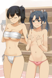 Rule 34 | &gt;:(, 10s, 3girls, angry, armpits, arms behind back, bare shoulders, basket, black hair, blue hair, blush, bow, bow panties, breast envy, breast press, breasts, brown hair, cameltoe, cleavage, closed eyes, covering privates, covering breasts, cowboy shot, dressing room, female focus, frown, fundoshi, grey hair, groin, hair bow, hair ribbon, hand on own chest, hiding, highres, hip focus, indoors, japanese clothes, kaga (kancolle), kantai collection, large breasts, ldl, long hair, looking at another, lowleg, lowleg panties, midriff, multiple girls, navel, o o, panties, panties only, parted bangs, partially undressed, peeking, personification, pink panties, ribbon, ryuujou (kancolle), sarashi, serious, shelf, short hair, side ponytail, skindentation, small breasts, standing, topless, twintails, tying, underboob, underwear, underwear only, undressing, v-shaped eyebrows, visor cap, yellow eyes, zuikaku (kancolle)