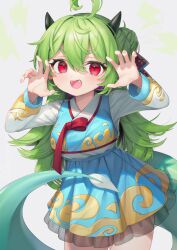 Rule 34 | 1girl, ahoge, blue dress, breasts, claw pose, commission, cowboy shot, dragon girl, dragon horns, dragon tail, dress, fangs, frilled dress, frills, green hair, green horns, green tail, grey background, gunjou row, hair between eyes, hair bun, hair ribbon, hands up, highres, horns, light blush, lightning bolt symbol, long hair, long sleeves, looking at viewer, medium breasts, multicolored clothes, multicolored dress, open mouth, original, red eyes, red ribbon, ribbon, single hair bun, skeb commission, slit pupils, small horns, smile, solo, tail, white dress, yellow dress