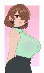 Rule 34 | 1girl, bare shoulders, bra, bra visible through clothes, breasts, brown hair, buttons, earrings, hair over eyes, hair over one eye, heart, heart earrings, highres, jewelry, large breasts, lips, long bangs, looking at viewer, mature female, no sclera, original, riz, see-through, short hair, sleeveless, solo, thick lips, underwear