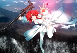 Rule 34 | &gt;:(, 1girl, anti-materiel rifle, bare shoulders, boots, bow, bowtie, breasts, detached sleeves, dress, fighting stance, flying, forest, full body, genya (genya67), gun, hair between eyes, highres, holding, holding gun, holding weapon, izetta, large breasts, looking at viewer, magic, medium breasts, mountain, nature, outdoors, outstretched arms, red eyes, red hair, rifle, serious, short hair, shuumatsu no izetta, sidelocks, sniper rifle, snow, solo, spread arms, thigh boots, thighhighs, tree, uniform, weapon, white bow, white bowtie, white detached sleeves, white dress, white footwear
