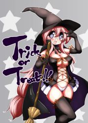 Rule 34 | 00s, 1girl, absurdres, alternate costume, bad id, bad pixiv id, black gloves, black thighhighs, blush, breasts, broom, elbow gloves, glasses, gloves, grey background, halloween, hat, highres, large breasts, long hair, lucky star, mizushima (p201112), open mouth, pink hair, purple eyes, solo, star (symbol), starry background, takara miyuki, thighhighs, trick or treat, very long hair, witch hat
