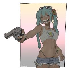 1girl :d absurdres aqua_eyes artist_name bare_shoulders bart_simpson bikini black_bikini blorg_draws blush bracelet brazilian_miku breasts character_print collarbone cowboy_shot dark-skinned_female dark_skin denim denim_shorts earrings eyewear_on_head flower gradient_background gun hair_flower hair_ornament hatsune_miku highleg highleg_bikini highres holding holding_gun holding_weapon jewelry long_hair micro_shorts navel open_mouth shiny_skin shirt shorts smile solo sunglasses swimsuit tan tanline teeth the_simpsons tongue twintails vocaloid weapon