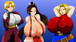 Rule 34 | 3girls, areola slip, blonde hair, blue background, blue mary, breasts, brown hair, character request, covered erect nipples, fatal fury, gigantic breasts, gradient background, high ponytail, huge breasts, kaiman82, long hair, multiple girls, ponytail, shiranui mai, short hair, simple background, the king of fighters, tight clothes, very long hair