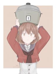 Rule 34 | 1girl, arms up, border, brown neckerchief, grey sailor collar, hikashima (shiofune), kantai collection, looking at viewer, neckerchief, object on head, pink background, red shirt, rice cooker, sailor collar, sailor shirt, shirt, solo, tan yang (kancolle), two-tone background, upper body, white border, yukikaze (kancolle)