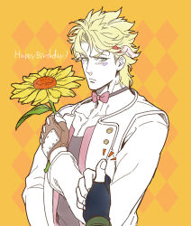 Rule 34 | 1boy, blonde hair, blush, bow, bowtie, caesar anthonio zeppeli, facial mark, feather hair ornament, feathers, fingerless gloves, flower, gloves, green eyes, feather hair ornament, happy birthday, jojo no kimyou na bouken, kuren, looking at viewer, male focus, solo, sunflower, thumbs up