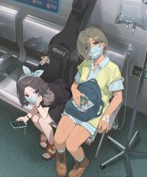 Rule 34 | 2girls, absurdres, armrest, backpack, bag, black dress, black hair, boots, brown footwear, dark skin, dress, ebizuka tomo, elbow on knee, exit sign, full body, girls band cry, grey eyes, grey hair, hair ribbon, hand on own face, highres, holding, holding bag, holding phone, hospital, indoors, instrument case, intravenous drip, iv stand, leaning forward, mask, mole, mole under eye, mouth mask, multiple girls, phone, red eyes, ribbon, rupa (girls band cry), sandals, shirt, short hair, shorts, sitting, sunny bitch, vest, white shirt, yellow vest
