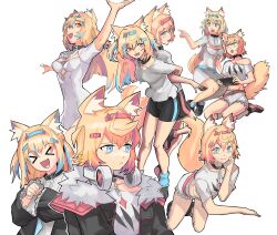 Rule 34 | &gt; &lt;, 2girls, animal ear fluff, animal ears, bandaid, bandaid hair ornament, belt, belt collar, black collar, blonde hair, blue eyes, blue hair, breasts, collar, colored inner animal ears, commentary, cropped shirt, dog ears, dog girl, dog tail, elagune, english commentary, frilled shorts, frills, fur-trimmed jacket, fur trim, fuwawa abyssgard, fuwawa abyssgard (1st costume), hair ornament, hairband, headband, headphones, headphones around neck, highres, hololive, hololive english, horn hairband, jacket, large breasts, long hair, mococo abyssgard, mococo abyssgard (1st costume), multicolored hair, multiple girls, nintendo switch, open mouth, pink belt, pink brooch, pink eyes, pink hair, pink hairband, pink headband, pointing, shorts, siblings, simple background, sisters, spiked collar, spikes, streaked hair, tail, twins, virtual youtuber, white background