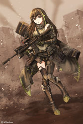 Rule 34 | 1girl, ammunition pouch, assault rifle, asymmetrical legwear, balaclava, bare shoulders, breasts, brown eyes, brown hair, building, camouflage, camouflage jacket, carrying over shoulder, case, clothes around waist, commentary request, detached sleeves, dirt, foregrip, full body, girls&#039; frontline, gloves, green hair, gun, highres, holding, holding gun, holding strap, holding weapon, jacket, jacket around waist, knee pads, long hair, looking at viewer, m4 carbine, m4a1 (girls&#039; frontline), m4a1 (mod3) (girls&#039; frontline), medium breasts, mod3 (girls&#039; frontline), multicolored hair, ndtwofives, parted lips, pouch, remodel (girls frontline), ribbed legwear, ribbed shirt, rifle, ruins, scope, shirt, shorts, single thighhigh, solo, standing, strap, streaked hair, suppressor, thighhighs, trigger discipline, twitter username, uneven legwear, weapon