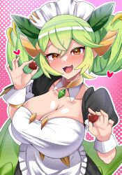 Rule 34 | 1girl, absurdres, apron, ashikoshi jakushi, blush, breasts, brown eyes, cleavage, dragon girl, dragon tail, duel monster, frilled apron, frills, green hair, green tail, hair between eyes, highres, large breasts, looking at viewer, maid headdress, open mouth, parlor dragonmaid, pink background, smile, solo, tail, valentine, white apron, yu-gi-oh!