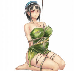 Rule 34 | 10s, 1girl, arms behind back, bare legs, bare shoulders, barefoot, bdsm, beret, black hair, blunt bangs, bondage, bound, bound arms, breasts, collarbone, commentary request, female focus, frogtie, full body, hat, kantai collection, large breasts, leaf, looking at viewer, pouring, red eyes, rope, sailex, seiza, short hair, sidelocks, simple background, sitting, solo, takao (kancolle), thighs, wavy mouth, white background