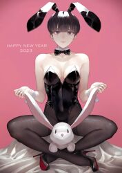 Rule 34 | 1girl, 2023, animal ears, bare shoulders, black bow, black bowtie, black hair, black leotard, black pantyhose, blue eyes, bow, bowtie, breasts, collarbone, crossed legs, detached collar, fake animal ears, happy new year, high heels, highres, kaoming, leotard, looking at viewer, medium breasts, new year, original, pantyhose, patent heels, pink background, playboy bunny, pumps, rabbit ears, red soles, shoes, short hair, solo, spread legs, stiletto heels