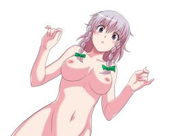 Rule 34 | bad id, bad pixiv id, blush, braid, breasts, commentary request, hair ornament, hair ribbon, izayoi sakuya, long hair, looking at viewer, m.u.g.e.n, medium breasts, nipples, nude, open mouth, ribbon, sennou-room, silver hair, solo, touhou, transparent background, twin braids, white background