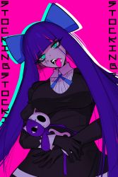 Rule 34 | 1girl, @ @, absurdres, ace glitch, aqua eyes, black dress, black gloves, blue hair, bow, breasts, character name, dress, facial mark, gloves, gothic lolita, hair bow, highres, hug, hug from behind, lolita fashion, long hair, long sleeves, looking at viewer, lower teeth only, medium breasts, open mouth, panty &amp; stocking with garterbelt, pink background, shirt, solo, stocking (psg), teeth, tongue, tongue out, toy, upper body, upper teeth only, very long hair, white shirt, yandere