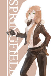Rule 34 | 1girl, absurdres, alternate costume, alternate hairstyle, arm behind back, belt, black gloves, breasts, brown hair, casual, character name, commentary request, cropped sweater, fur-trimmed jacket, fur trim, girls&#039; frontline, gloves, green eyes, hair between eyes, hair over shoulder, hand up, hei chuan gui, highres, jacket, key, large breasts, long hair, long sleeves, looking at viewer, midriff, navel, open clothes, open jacket, pants, ribbed sweater, sidelocks, sketch, smile, solo, springfield (girls&#039; frontline), sweater, two-tone background
