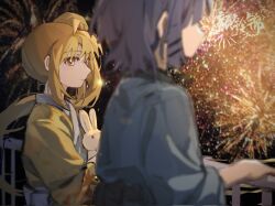 Rule 34 | 2girls, ahoge, blonde hair, blue hair, blue kimono, blurry, blurry foreground, blush, bocchi the rock!, chinese commentary, closed mouth, commentary request, fireworks, hair ornament, hairclip, highres, ijichi nijika, japanese clothes, kimono, long sleeves, looking at another, multiple girls, night, orange eyes, outdoors, railing, short hair, side ponytail, stuffed animal, stuffed rabbit, stuffed toy, yamada ryo, yanlingjinshilihuahua, yellow kimono