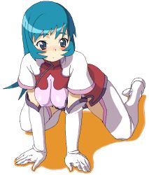 Rule 34 | 00s, 1girl, all fours, blue eyes, blue hair, blush, boots, breasts, elbow gloves, gloves, hanging breasts, kotona elegance, large breasts, long hair, lunch (shin new), matching hair/eyes, oekaki, ponytail, skirt, solo, thighhighs, white footwear, zoids, zoids genesis