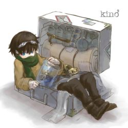 Rule 34 | 00s, artist request, black hair, blue eyes, canteen, copyright name, goggles, hermes (kino no tabi), in container, jacket, jar, kino (kino no tabi), kino no tabi, luggage, pants, scarf, short hair, simple background, suitcase, tin can