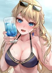 1girl alternate_costume bare_shoulders blonde_hair blue_eyes breasts cup drill_hair drill_sidelocks genshin_impact highres holding holding_cup large_breasts long_hair looking_at_viewer medium_breasts moguta_(moguta9) navia_(genshin_impact) open_mouth sidelocks smile solo very_long_hair