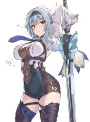 Rule 34 | 1girl, arms behind head, arms up, asymmetrical hair, black hairband, black thighhighs, blue hair, blue necktie, bodysuit, bouncing breasts, breasts, claymore (sword), clothing cutout, covered navel, cowboy shot, eula (genshin impact), genshin impact, greatsword, hair ornament, hairband, heart, highres, holding, holding sword, holding weapon, large breasts, looking at viewer, motion lines, necktie, ohta yuichi, parted lips, purple eyes, short hair, standing, sword, thighhighs, thighs, weapon, white background, zettai ryouiki