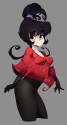 Rule 34 | 1girl, absurdres, black eyes, black gloves, black hair, bodystocking, breasts, cleavage, closed mouth, commentary, english commentary, gloves, grey background, highres, looking at viewer, lydia deetz, medium breasts, medium hair, red shirt, shirt, short hair, simple background, slugbox, smile, solo