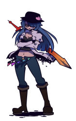 Rule 34 | 1girl, a clockwork orange, adapted costume, alternate costume, bad id, bad pixiv id, blue hair, boots, crossed arms, female focus, full body, grin, hair over one eye, hat, highres, hinanawi tenshi, jacket, long hair, pants, parody, smile, solo, style parody, sword, touhou, twiggytom, weapon, white background