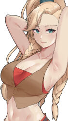 Rule 34 | 1girl, armpits, arms behind head, asymmetrical bangs, blonde hair, braid, brown vest, closed mouth, collarbone, cropped vest, damobelmont, gemma (monster hunter wilds), high ponytail, highres, long hair, looking at viewer, monster hunter (series), monster hunter wilds, navel, smile, solo, upper body, vest, white background