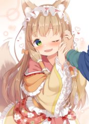 Rule 34 | 1girl, ;d, animal ear fluff, animal ears, arm up, blush, bow, brown bow, brown dress, brown hair, brown ribbon, commentary request, dress, fang, floral print, frilled dress, frilled hairband, frills, hair bow, hair ribbon, hair tubes, hairband, hand grab, hand up, heart, highres, holding hands, long hair, long sleeves, maho (princess connect!), muku (muku-coffee), nail polish, one eye closed, open mouth, out of frame, pink nails, princess connect!, red hairband, ribbon, sleeves past wrists, smile, solo focus, tail, tail raised, very long hair, wide sleeves