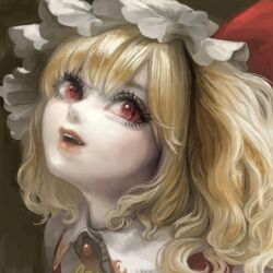 Rule 34 | 1girl, blonde hair, brooch, commentary request, eyebrows hidden by hair, eyelashes, fang, flandre scarlet, hair between eyes, hat, jewelry, lips, looking at viewer, medium hair, miyako yamamoto, mob cap, nose, one side up, painterly, parted lips, portrait, red eyes, red lips, slit pupils, solo, teeth, touhou, upper teeth only