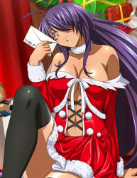 Rule 34 | 1girl, antenna hair, black thighhighs, breasts, christmas, cleavage, closed mouth, collarbone, dress, fur-trimmed dress, fur-trimmed sleeves, fur trim, grey eyes, hair over one eye, holding, holding letter, ikkitousen, kan&#039;u unchou, large breasts, letter, long hair, long sleeves, off-shoulder dress, off shoulder, purple hair, red dress, santa costume, shiny skin, short dress, sitting, smile, solo, thighhighs, very long hair