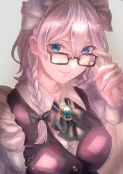 Rule 34 | 1girl, adjusting eyewear, bad id, bad twitter id, bespectacled, black-framed eyewear, black bow, black ribbon, blue eyes, bow, braid, breasts, brooch, commentary request, glasses, grey background, hair between eyes, hair bow, hand up, highres, izayoi sakuya, jan (lightdragoon), jewelry, light particles, looking at viewer, maid, maid headdress, medium breasts, neck ribbon, parted lips, ribbon, short hair, silver hair, simple background, smile, solo, touhou, twin braids, upper body, wing collar, wrist cuffs