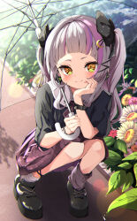 Rule 34 | 1girl, absurdres, asymmetrical legwear, black bow, black footwear, black shirt, blush, bow, closed mouth, commentary request, crescent, crescent hair ornament, full body, fumi (fumibeing), grey hair, hair bow, hair ornament, head rest, highres, holding, holding umbrella, hololive, long hair, looking at viewer, loose socks, mismatched legwear, multicolored hair, murasaki shion, outdoors, pink hair, pleated skirt, purple hair, shirt, skirt, smile, socks, solo, squatting, star (symbol), streaked hair, transparent, transparent umbrella, umbrella, virtual youtuber, yellow eyes