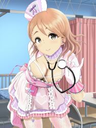 Rule 34 | 1girl, bed, bkcnvkniwoz0f4d, bow, breasts, brown eyes, brown hair, chair, cleavage, cleavage cutout, closed mouth, clothing cutout, collarbone, couch, cowboy shot, dot nose, dress, dress bow, garter straps, gloves, hat, highres, holding, holding stethoscope, hospital bed, idolmaster, idolmaster cinderella girls, idolmaster cinderella girls starlight stage, indoors, large breasts, leaning forward, long hair, looking at viewer, nurse, nurse cap, pink bow, pink curtains, pink dress, pink hat, privacy screen, short hair, short sleeves, smile, solo, standing, stethoscope, table, thighhighs, white gloves, white thighhighs, yanagi kiyora, zettai ryouiki
