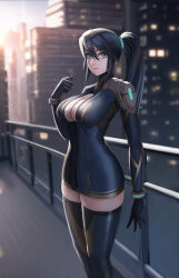 Rule 34 | 1girl, absurdres, ann flores, anno:mutationem, armor, black dress, black footwear, black gloves, black hair, blue eyes, boots, bracelet, breasts, center opening, cityscape, cleavage, cyberpunk, dress, gloves, goldengear870, highres, jewelry, large breasts, long hair, long sleeves, looking at viewer, no bra, pony (animal), railing, short dress, shoulder armor, solo, standing, thigh boots, thighhighs, zettai ryouiki