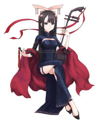 Rule 34 | 1girl, black hair, blue eyes, bow (music), china dress, chinese clothes, cleavage cutout, clothing cutout, crossed legs, dress, earrings, erhu, female focus, fiddlestick, full body, hair ornament, instrument, jewelry, kazuoki, kokyuu, long hair, music, original, ribbon, simple background, sitting, solo, thigh strap, thighs, turtleneck, white background