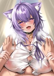 Rule 34 | 1girl, animal ears, arm grab, assertive female, blush, breasts, cat ears, choker, circussion, cleavage, covered erect nipples, cum, dress shirt, ejaculation between breasts, hololive, huge breasts, lying pov, nekomata okayu, nipples, open mouth, paizuri, paizuri under clothes, penis, pov, purple eyes, purple hair, see-through, shirt, tongue, tongue out, uncensored, virtual youtuber
