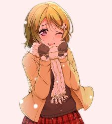 Rule 34 | 1girl, ;d, ankoiri, brown coat, brown gloves, brown hair, clenched hands, coat, flower, gloves, hair flower, hair ornament, hands up, koizumi hanayo, long sleeves, looking at viewer, love live!, love live! school idol project, one eye closed, open mouth, pleated skirt, purple eyes, scarf, short hair, simple background, skirt, smile, snowing, solo, white scarf, winter clothes