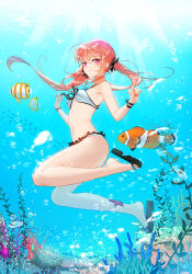 Rule 34 | 1girl, air bubble, animal, armpit crease, bare arms, bare legs, bare shoulders, bikini, bow, breasts, bubble, closed mouth, closers, clownfish, coral, feet, fish, freediving, frilled bikini, frills, front-tie bikini top, front-tie top, hair bow, hands up, highres, legs, long hair, looking at viewer, luna aegis (closers), navel, official art, orange hair, purple eyes, sandals, slippers, small breasts, smile, solo, starfish, stomach, string bikini, striped bikini, striped clothes, swimsuit, thighs, toes, tropical fish, twintails, underwater, water, white bikini