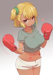 Rule 34 | 1girl, :p, blonde hair, blush, boxing gloves, breasts, brown eyes, commentary request, cowboy shot, dark-skinned female, dark skin, eyeshadow, gradient background, grey background, hair ornament, hair scrunchie, hands up, heart, highres, large breasts, looking at viewer, makeup, one side up, original, scrunchie, short hair, short shorts, shorts, simple background, smile, solo, sumiyao (amam), tongue, tongue out, white shorts