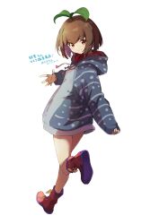 Rule 34 | 1girl, absurdres, bare legs, boots, brown hair, closed mouth, commentary request, derivative work, eva mashiro (vtuber), full body, grey hoodie, hand up, highres, hood, hoodie, indie virtual youtuber, long sleeves, looking at viewer, looking back, recolored, red footwear, short hair, simple background, smile, solo, split mouth, sprout on head, sudachiminorida, virtual youtuber, white background