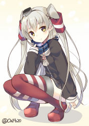 Rule 34 | 10s, 1girl, amatsukaze (kancolle), bekotarou, blush, dress, hair tubes, highres, kantai collection, long hair, looking at viewer, sailor dress, scarf, school uniform, serafuku, short dress, solo, striped clothes, striped thighhighs, thighhighs, twintails, two side up, white hair, yukikaze (kancolle)